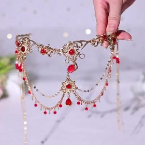 Đỏ Tím Thả Pha Lê Dây Xích Dài Đầu Cổ Kỳ Lạ Dân Tộc Cưới Cô Dâu Phụ Kiện Tóc Handmade Tóc Trang Sức Dành Cho Nữ