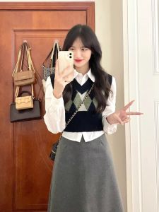 Womens Academy Style Fall Diamond Pattern Short Knit Vest and Long Sleeve Shirt Two-Piece Set for Petite Figures