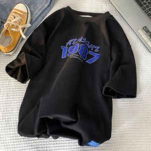 Retro American 1987 Loose Large Size Student Couple T-Shirts Heavyweight 100% Pure Cotton Short Sleeve Men Summer Tops