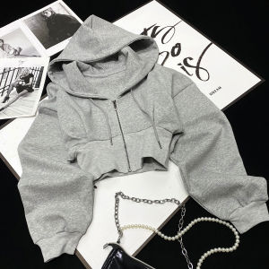 Cca American Hot Girl Short High Waist Hoodie Super Short Sports Jacket Cap Shirt Grey Jacket Women Street Style Long Sleeve Cotton