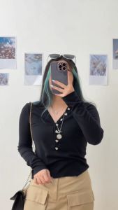 6008 Lavina Button Rib Knit Long Sleeves Blouse | Blouse Wanita Lengan Panjang | Korean Blouse