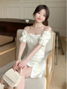 Pure Desire Style Summer New French Elegance White Bubble Sleeve One Shoulder Qipao Dress Women High Waist A-Line Skirt