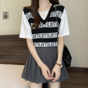 Fake Two-Piece Stripes Ice Silk Knitted Short Sleeve T-shirt Female Summer Plus Size Plus Size Ladies Loose Tummy Hiding Slimming Chic Tops