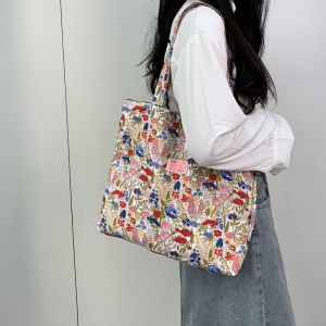 South Korea Ins  Literature and Art Floral Canvas Bag Female Shoulder Western Style All-Matching Retro Student Zipper Bag