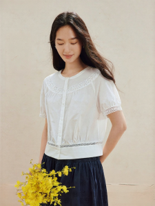 INMAN | French Lace Cotton Short Sleeve Blouse
