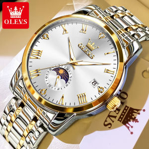 OLEVS Watch For Men Original Waterproof New Multifunction Moon Phase Dial Fashion Cool Stainless Steel Casual Calendar Luminous