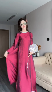 Áo dài cách tân TƯỜNG XUÂN dáng suông 2 tà lụa tằm cổ tròn đính ngọc trẻ trung_TH ÁO DÀI HÀ THÀNH