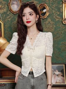 New Chinese Style Short Sleeve V-neck Lace Shirt Women Summer Slim Fit Belly Button Exposure Breathable Comfortable Top