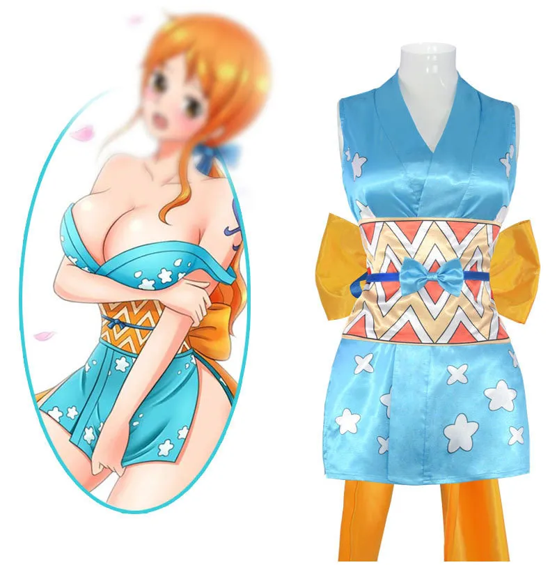 Anime One Piece Nami Cos Costume Halloween Nami Sexy Satin Print