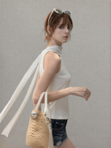 Cantonstory | White Ribbon Stand Collar Waist-tight Sleeveless Tank Top