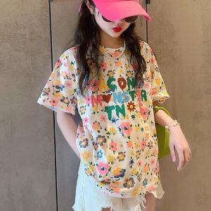 Girls Summer Short Sleeve Outfit Short Pants Set Floral Print Two-Piece Ensemble for Kids Age 15 Thin Cotton Blend Comfortable