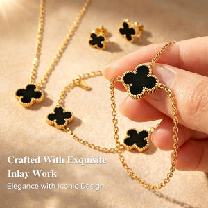 Women Stainless Steel Clover Jewelry Set Necklace Bracelet Earrings Fashion Gift Gold Black White⚡PH deliveryIn stock⚡