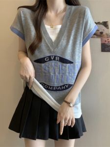 Plus Size Womens Shoulder Knitwear Womens Summer Thin Short-Sleeved T-shirt Loose Slim-Fit Younger Versatile Fake Two Pieces Tops