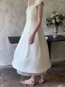 NIHAOKANONG | Đầm Dài Form A Dây Quai Halter Cổ Vuông Gợi Cảm Thun eo Phối Ren