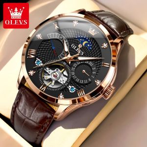 OLEVS 6652 Nam Đồng Hồ Cơ Tự Động Pha Mặt Trăng Dây Da Cao Cấp Chống Nước Chống Sốc Thời Trang Phong Cách Elite