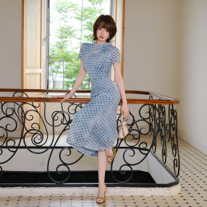 Blue Dotted Chinese-Style Cheongsam Dress Short Sleeve Fitted Waist