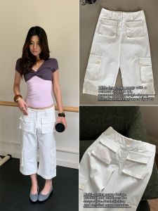 audwyn | White Utility Capri Pants Slim Fit Lengthening Loose Mid-Rise