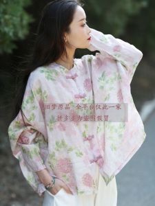 Original Design Ethnic Style Sun Protection Loose Fit Ramie Print Shirt