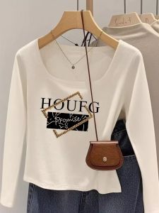 Korean Style Long Sleeve Pure Cotton T-Shirt Womens Autumn Wear U-Neck Slim Fit Printed Design Letter Base Square Collar Top