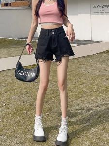 กางเกงขาสั้นผ้ายีนส์ขาดเอวสูงสำหรับผู้หญิง กางเกงขาสั้นทรงเอเข้ารูปสำหรับฤดูร้อน 2025 กางเกงขายาวทรงเอ ขอบกระดิ่ง ทรงสลิมฟิต