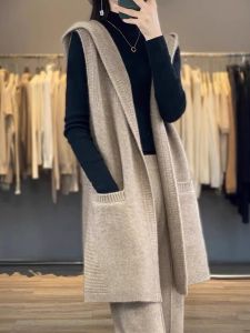 Fall and Winter New Hooded Cashmere Vest Womens Mid Length Long Length Hoodie with Pockets Sweater Outwear Woolen Sweater Sleeveless Knitting