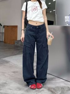 Quần Jeans Công Sở Phong Cách Retro Mỹ Rộng Rãi Nhiều Túi Quần Jeans Nữ Quần Dài Thường Ngày Cleanfit Đường Phố Thời Trang