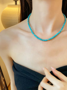 Titanium Steel Turquoise Beaded Necklace Womens Fashion New Chinese Style Fresh out Lockbone Chain Jewelry Accessory