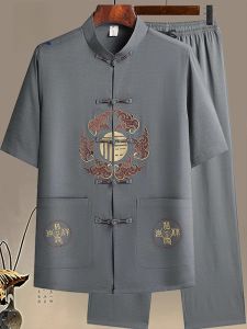 ROMON | Lormen Mens Short Sleeve Shirt Jacket Set With Button Chinese Style Retro Design Summer New Arrival Dad Casual Wear