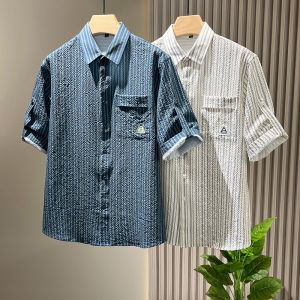 Summer 2023 Mens Casual Loose Short Sleeve Shirt Thin Design Stripe Printed Wear Resistant Standard Fit Printed Youth Fashion