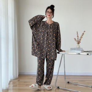 Floral Cardigan Spring and Autumn Pure Cotton plus Size Pajamas Womens 100.00kg Long Sleeves Pants Heating Room Home Clothes Suit