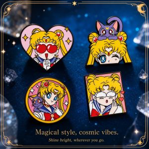 Bandai | Sailor Moon Heart Shape Enamel Pins Cartoon Brooch Metal Badges 4 Pcs for Backpack Clothing Jewelry Holiday Gift Creativity