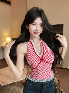 GUZILIAN | Red Plaid Lace Halter Top Womens Summer Thai Spicy Girl V-neck Hanging Neck Tube Top Small Beautiful Korean Style Commute