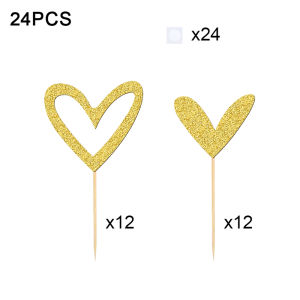 YOMDID 24Pcs Heart Cupcake Toppers Glitter Heart Cake Toppers For Valentines Day Wedding Birthday Cake Decoration Supplies