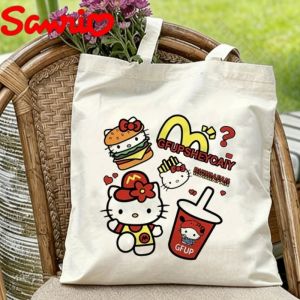 Sanrio | 1PC Sanrio Hello Kitty Canvas Tote Bag Double-sided Fast Food Print Eco-friendly Reusable Shoulder Bag