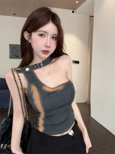 GUZILIAN | Stylish Street Gradient Denim Halter Vest Womens Design Summer Slimming Short Top Outerwear Hot Girl Commute Style Pure Color