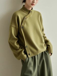 New Chinese Style High Collar Knitted Sweater Womens Long Sleeve Green Color Block Design Autumn Season Fashionable Cardigan