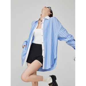 Modern Neutral Blue Striped Long Sleeve Womens Shirt Spring 2025 New Design Sensation Color Block Trendy Polo Collar Casual
