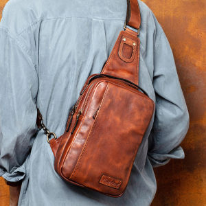 Hand-Rub Color Leather Mens Chest Bag First Layer Vegetable Tanning Leather Shoulder Messenger Bag Casual Retro Versatile Backpack Tide