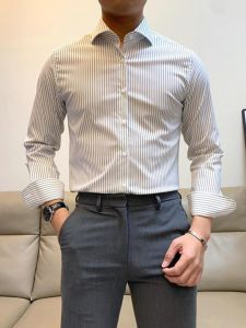 Slim Fit Mens Long Sleeve Striped Shirt Fashionable British Casual Spring New Style Youthful Elegant Versatile Meticulously Ironed
