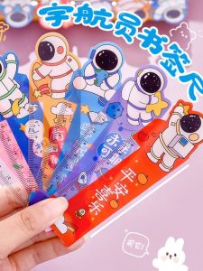Creative Cartoon Astronaut Bookmarks Set of 6 Cute Motivational Text Bookends Plastic Ruler Shape Stationery for Students