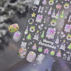 Sweet Pink Christmas Nail Stickers Snowman Wreath Snowflake Bow Pattern Nail 3D Decorations Self Adhesive Nail Art Stickers DIY