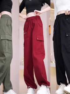 Womens Cargo Pants Spring Autumn New Style Elastic Big Pocket Straight Leg Trousers Casual Sports Two-Way Wear Polyester Fiber