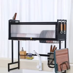 Rak Cuci Piring Dapur Dengan Penutup/Rak Cuci Piring Wastafel Stainless Steel/Rak Penyimpanan Piring