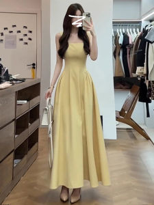 Shalldoer | Yellow Vacation Style Spaghetti Strap Long Dress