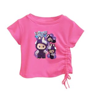 Kaos Blus Anak Perempuan Lengan Pendek Leher Bulat Sablon Dtf Labubu CroptopTali Serut Samping