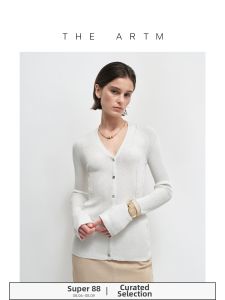 Luxurious Cashmere Viscose Yarn Moving-Stitch Cinched Waist V-Neck Sweater Female