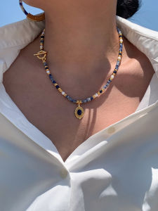 Natural Lapis Lazuli water Pearl Beaded Sweater Necklace Womens Accessory Layering High-End Minimalist Choker