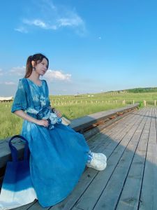 Original Design Handmade Blue Dye Cotton Maxi Dress with Belt Autumn Slimming Double Layered Hooded One Piece Womens Dress