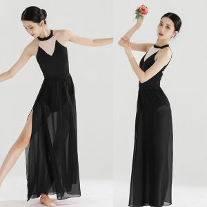 Chinese Classical Dance Body Charm Fairy Flowing Black Slim Fit Slimming Slit Stretch Cheongsam Dance Skirt Exercise Clothing