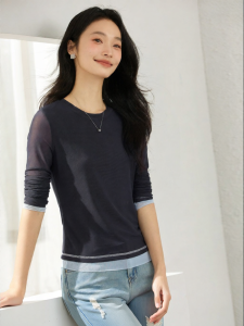 Vimly | Color-blocked Slimming T-Shirt Female Gray Round Neck Autumn